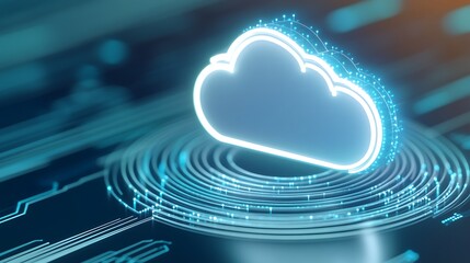 Digital Cloud Icon with Futuristic Glow and Circuitry, Representing Cloud Computing Technology Concept