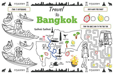 Wall Mural - A fun placemat for kids. Printable “Travel to Bangkok” activity sheet with a labyrinth and find the differences. 17x11 inch printable vector file