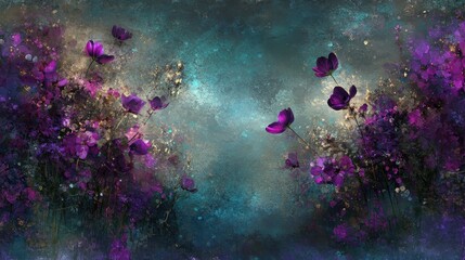 deep purple flowers on a teal textured background