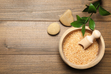 Wall Mural - Spa composition with sea salt and leaves on wooden table, flat lay. Space for text