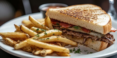 Wall Mural - Delicious sandwich with toasted bread filled with meat and vegetables served alongside golden crispy French fries on a white plate.