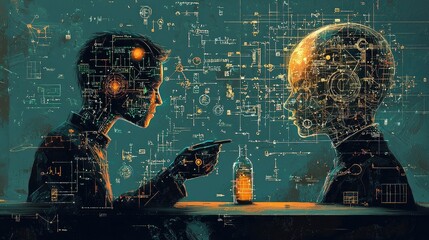Silhouette of a man in profile against a vibrant digital background filled with glowing data patterns and interfaces. Technology, creativity, and innovation highlighted. Generative AI