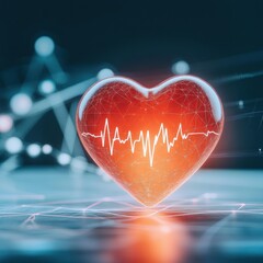 Aufkleber - Glowing red heart illuminating dynamic cardiogram against a digital background in a modern healthcare visualization. Generative AI