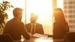© MINMIN - Business meeting between smiling bankers in a vibrant office at sunset professional environment collaborative atmosphere