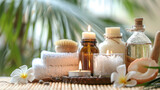 Spa essentials with natural oils and soaps on tropical serene background