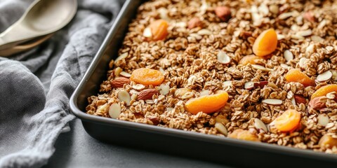 Wall Mural - Gluten free almond apricot granola in a dark pan with golden apricots and crunchy nuts arranged on a gray background with soft fabric.