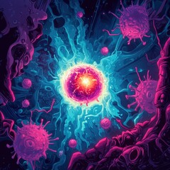 Poster - Glowing cell in vibrant colors surrounded by ominous viruses in a chaotic environment. Generative AI