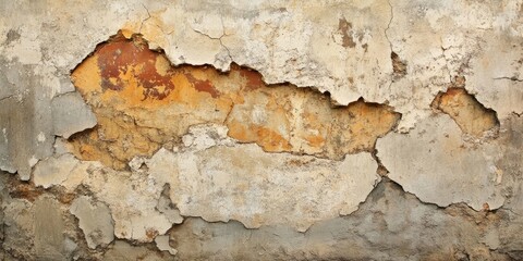 Wall Mural - Chipped plaster wall with peeling paint and textured surface featuring earth tones of beige and orange in distressed areas centrally located.