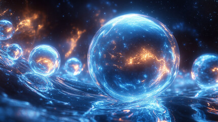 Wall Mural - cosmic spheres in glowing blue and orange light, surrounded by misty space and stardust.
