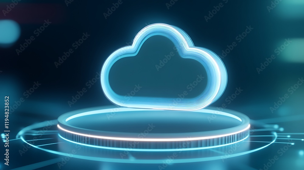 Futuristic Cloud Computing Concept with Glowing Blue Cloud Icon on Abstract Technology Background
