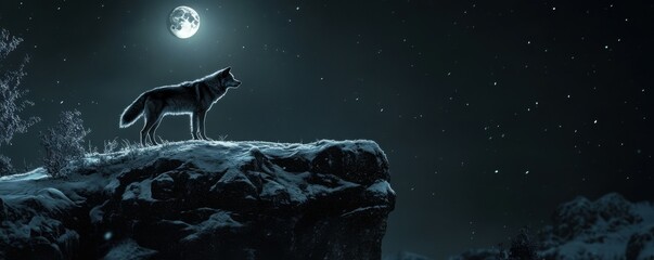 Wall Mural - a lone wolf standing on a snowy cliff under the moonlight, 4k photo.