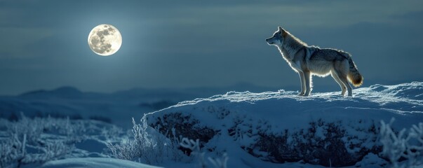 Wall Mural - a lone wolf standing on a snowy cliff under the moonlight, 4k photo.