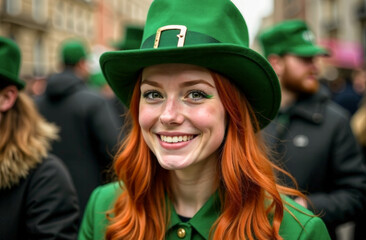 Portrait of a smiling red-haired young woman in the crowd during the St. Patrick's Day parade