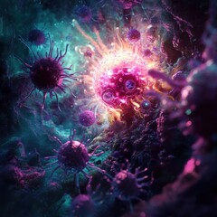 Poster - Glowing cell in a dark environment surrounded by menacing viruses with vibrant colors and textures. Generative AI
