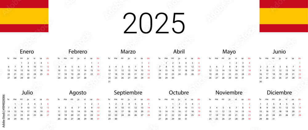 Spanish 2025 calendar. Vector illustration design template start from ...