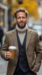 © Barosanu - A middle-aged gentleman with gray hair, stylishly dressed in a well-tailored coat and turtleneck, holds a coffee cup while standing on a bustling city street.