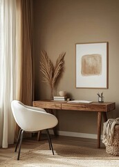 Wall Mural - A bohemian style home office with a natural wood desk, a modern white armchair, and an abstract art poster on the wall. Minimalist interior design of a living room or bedroom