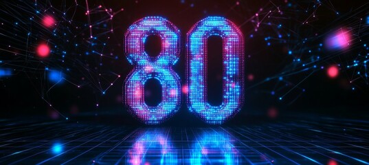 Glowing Digital Big 3D Number 80 in Futuristic Style on a Dark Digital Abstract Background