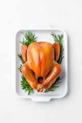 Wall Mural - Roasted turkey on a platter, isolated on white background