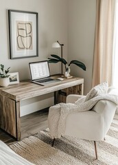 Wall Mural - A bohemian style home office with a natural wood desk, a modern white armchair, and an abstract art poster on the wall. Minimalist interior design of a living room or bedroom