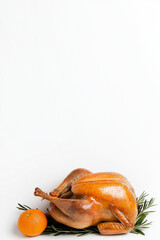 Wall Mural - Roasted turkey on a platter, isolated on white background