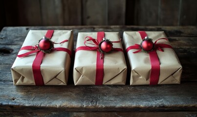 Sticker - Beautifully wrapped Christmas gifts with red ribbons and ornaments placed on a rustic wooden table creating a festive holiday atmosphere