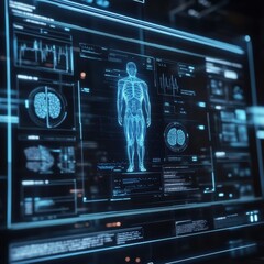 Fototapete - Diagnostic medical data display with anatomical visuals and patient health metrics in modern healthcare setting. Generative AI