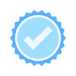 © REKB - A minimalist blue badge icon vector with a white checkmark at the center, symbolizing verification and approval. Clean design, perfect for branding or digital use