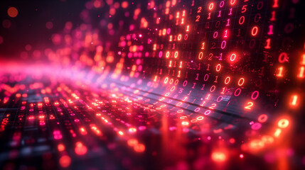 Vibrant digital network with bright binary code flowing in dark background. Generative AI