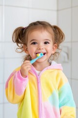 Sticker - A young girl is brushing her teeth in a colorful jacket. She is smiling and she is enjoying the activity