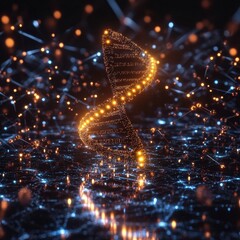 Leinwandbilder - Glowing DNA double helix surrounded by molecular connections illuminates the essence of genetic science in a digital landscape. Generative AI
