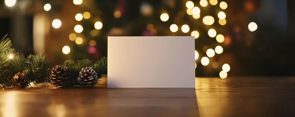 Sticker - Blank sign on a festively decorated Christmas dinner table - Bokeh lights in the background - Copy space for your Xmas Greetings, invitation or Thank you