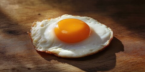 Wall Mural - Fried egg with a vibrant yellow yolk resting on a rustic wooden table illuminated by soft natural light showcasing rich textures and colors