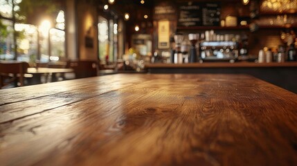 Poster - Empty wood table in blurred cafe.