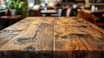 Poster - Empty wooden table, blurry interior.