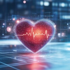 Aufkleber - Glowing red heart with dynamic cardiogram illuminated in a futuristic digital environment at night. Generative AI