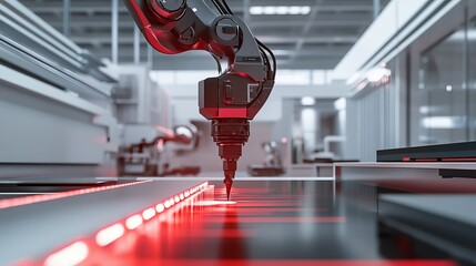 Wall Mural - a robot facilitating high-precision calibration in a clean, modern laser cutting workshop with organ