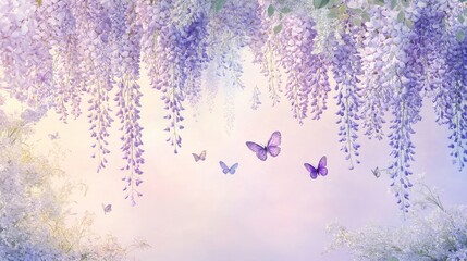 Wall Mural - Wisteria flowers fall in soft shades of purple, mauve and blue, the sky is pastel pink and rose pink. Creating a romantic and serene atmosphere, with delicate butterflies flying among the flowers.