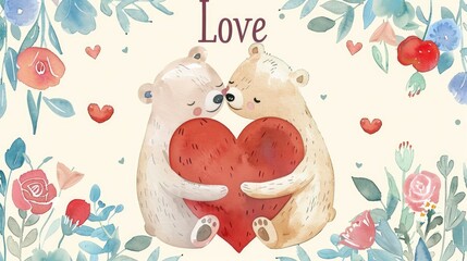 Wall Mural - Two cute teddy bears hugging, holding a red heart with the word 