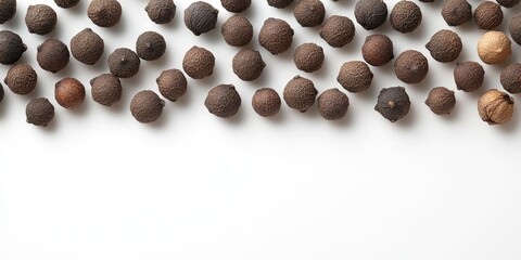 Wall Mural - Allspice seeds scattered evenly on a white background with ample negative space on the right for text or design elements in a closeup view