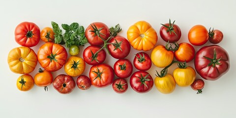 Wall Mural - Variety of fresh farm tomatoes in vibrant red and yellow hues arranged in a flat lay on a white background with green leaves scattered throughout