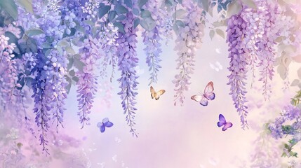 Wall Mural - Wisteria flowers fall in soft shades of purple, mauve and blue, the sky is pastel pink and rose pink. Creating a romantic and serene atmosphere, with delicate butterflies flying among the flowers.