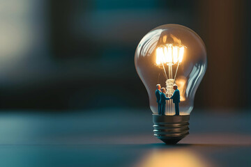 A miniature scene inside a light bulb, depicting two figures shaking hands, symbolizing ideas, innovation, and collaboration.