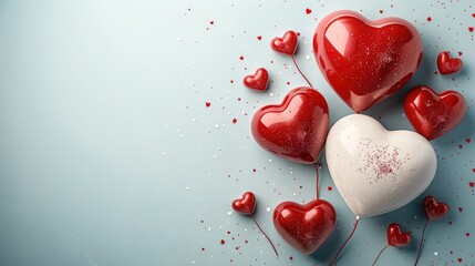 Poster - Valentines day aesthetic background. Top view of hearts. copy space.
