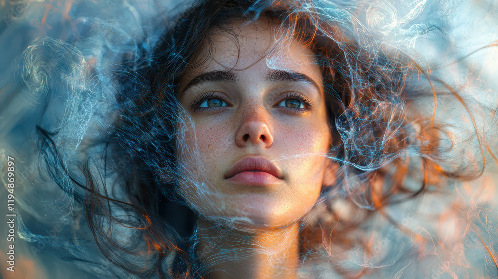 Contemplative woman gazes thoughtfully into the distance, surrounded by ...
