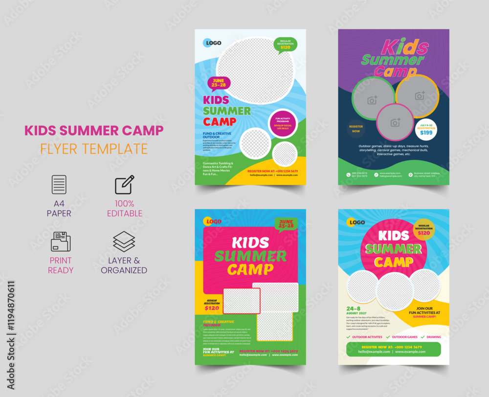 Kids summer flyer design and professional camp leaflet template Stock ...