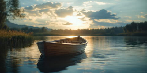 Naklejka na meble Beautiful Shot of a Small Lake with a Wooden Rowboat in 8K, Ideal for Serene Landscape Photography