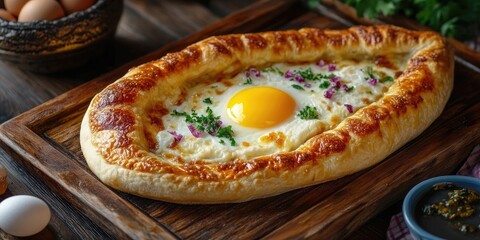 Wall Mural - Aerial view of traditional Khachapuri on a wooden tray featuring golden crust, melted cheese, and bright egg yolk with fresh herbs and eggs in background.