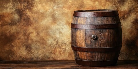 Wall Mural - Rustic aged wooden barrel on the right against a textured brown backdrop with warm tones showcasing natural wood grain and metallic accents.