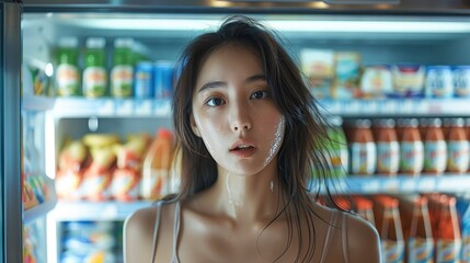 Wall Mural - 25 year old asian lady, sweating from a hot summer day, opening a convenience store fridge with a blank expression.